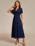 Shimmery V Neck Tea Length Wedding Guest Dress With Short Sleeves