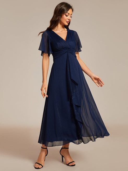 Shimmery V Neck Tea Length Wedding Guest Dress With Short Sleeves