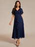Shimmery V Neck Tea Length Wedding Guest Dress With Short Sleeves