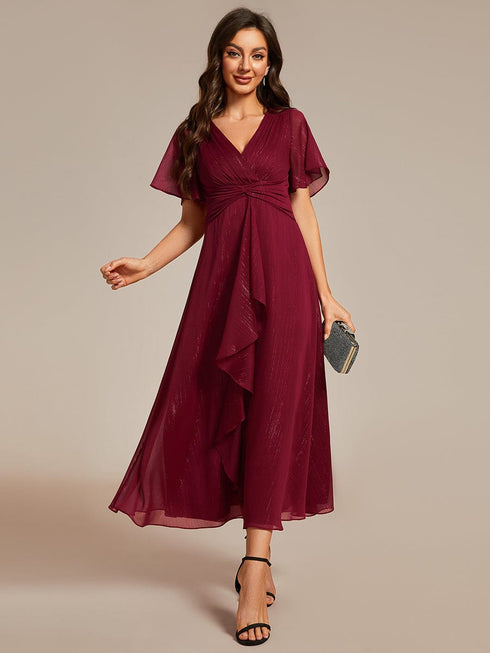 Shimmery V Neck Tea Length Wedding Guest Dress With Short Sleeves