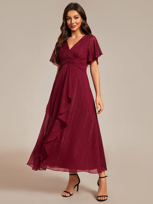 Shimmery V Neck Tea Length Wedding Guest Dress With Short Sleeves