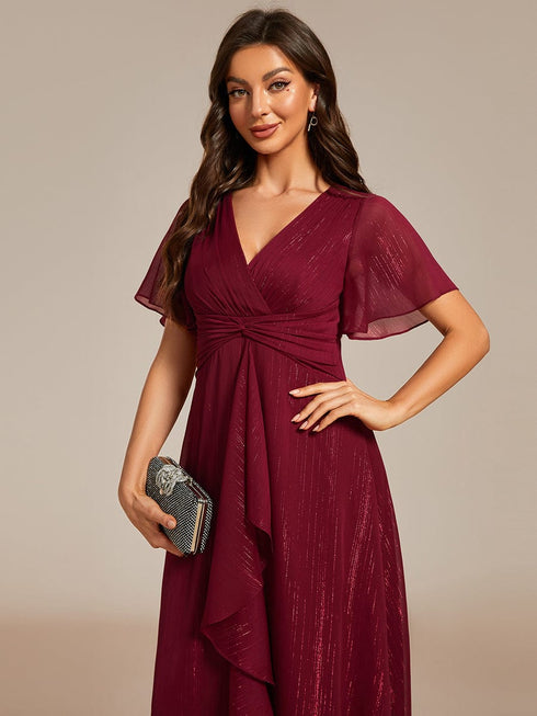 Shimmery V Neck Tea Length Wedding Guest Dress With Short Sleeves