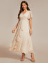 Shimmery V Neck Tea Length Wedding Guest Dress With Short Sleeves