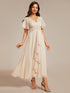 Shimmery V Neck Tea Length Wedding Guest Dress With Short Sleeves