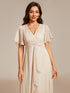 Shimmery V Neck Tea Length Wedding Guest Dress With Short Sleeves