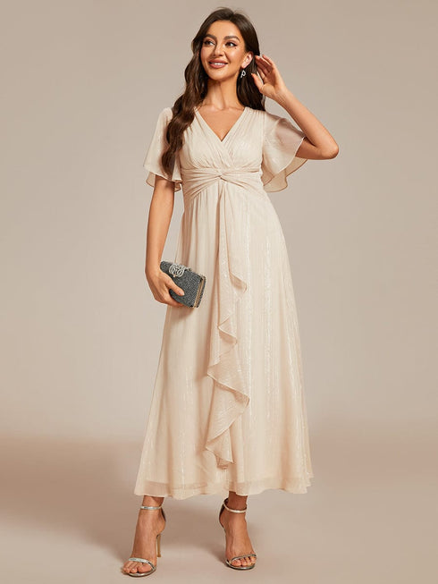 Shimmery V Neck Tea Length Wedding Guest Dress With Short Sleeves