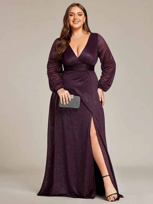 Shiny Puff Sleeve V-Neck Evening Gown for Curvy Women
