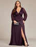Shiny Puff Sleeve V-Neck Evening Gown for Curvy Women