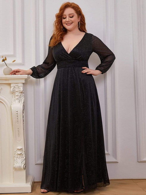 Shiny Puff Sleeve V-Neck Evening Gown for Curvy Women