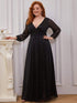 Shiny Puff Sleeve V-Neck Evening Gown for Curvy Women