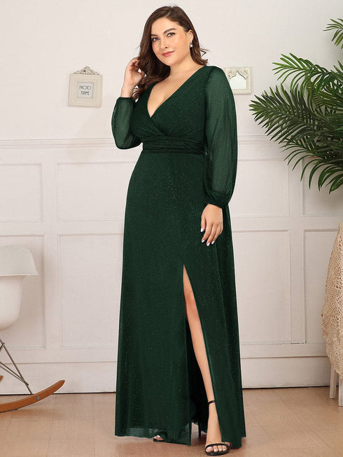 Shiny Puff Sleeve V-Neck Evening Gown for Curvy Women