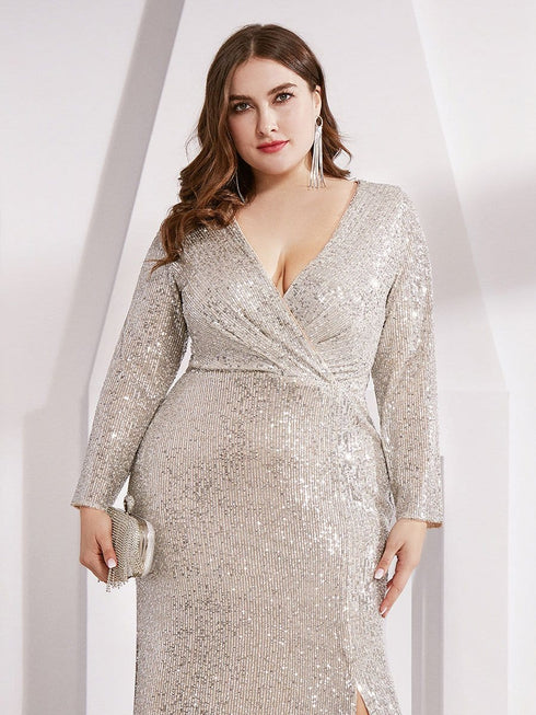 Shiny V Neck Sequin Long Sleeves Evening Dress