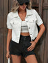 Short Sleeve Women's Denim Coat with Single Button Flap Pockets