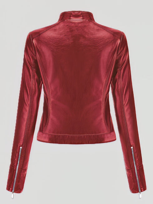 Short Stand-Up Collar Zipped Leather Jacket