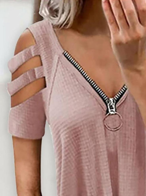 Shoulder Cutout Sleeve Zip Front Plaid Top