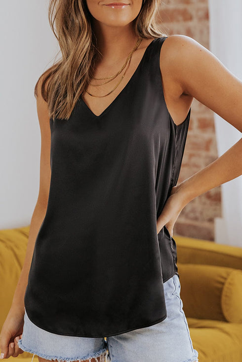 Silk Satin V Neck Casual Sleeveless Camisole Tank Top