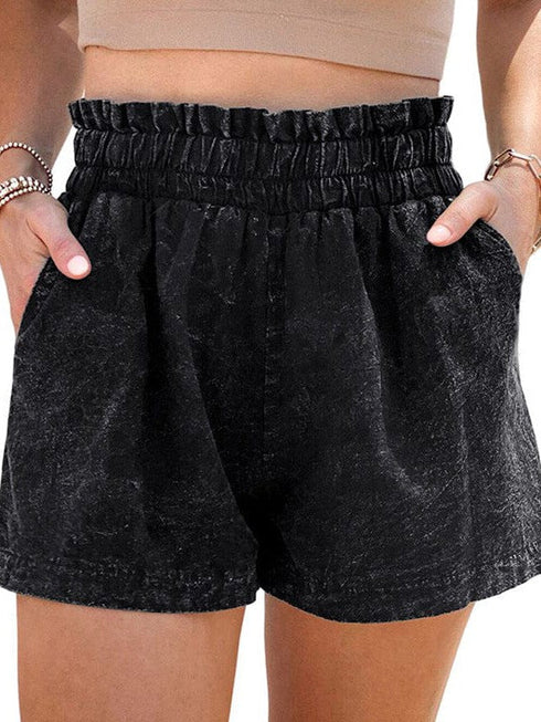 Simple High Waist Denim Women's Shorts in Solid Black Color