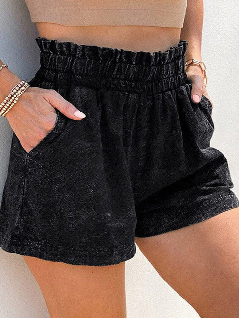 Simple High Waist Denim Women's Shorts in Solid Black Color