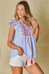 Sky Blue Aztec Embroidered Flutter Blouse with Tassel Accents