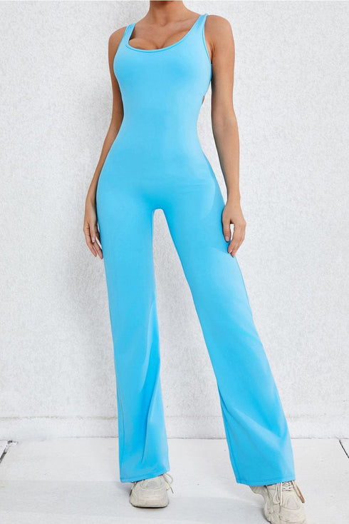 Sky Blue Backless Cut Out Wide Leg Yoga Jumpsuit