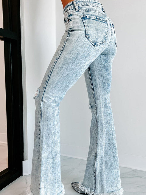 Sky Blue Distressed Acid Wash Flare Jeans