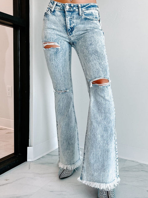 Sky Blue Distressed Acid Wash Flare Jeans
