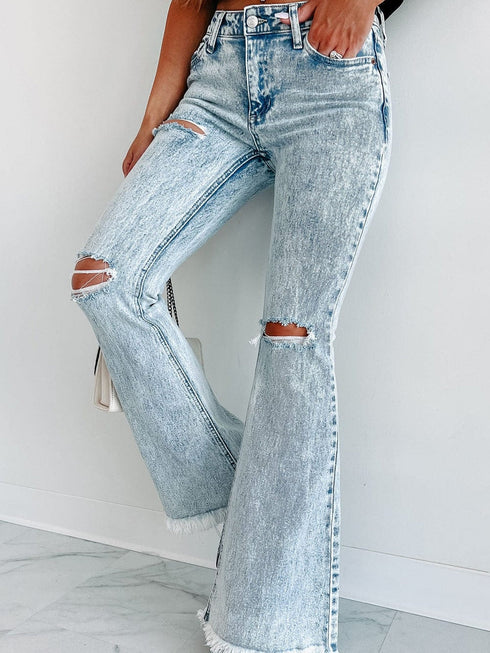 Sky Blue Distressed Acid Wash Flare Jeans