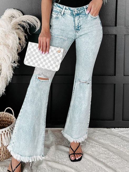 Sky Blue Distressed Acid Wash Flare Jeans