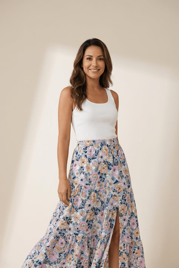 Women's Sky Blue Floral Bohemian Tiered Maxi Skirt with Split