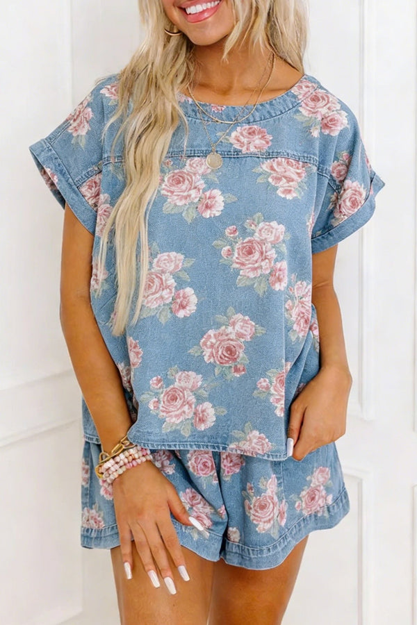 women's sky blue floral retro women's short sleeve top with cuffed sleeves and loose fit denim shorts 2-piece outfit set with practical styling and