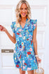 Sky Blue Floral V-Neck Ruffle Sleeve Ruffled Dress