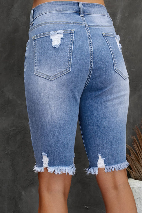 Sky Blue Fringed Bermuda Denim Shorts with Distressed Details