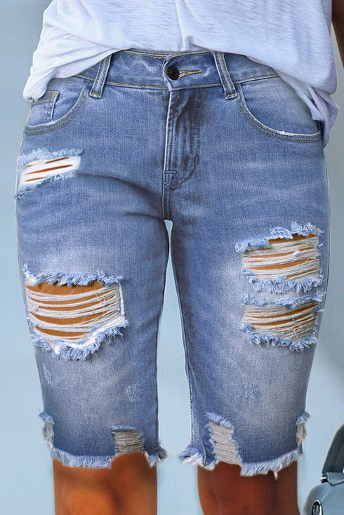 Sky Blue Fringed Bermuda Denim Shorts with Distressed Details