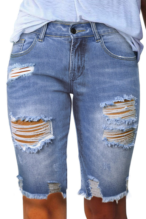 Sky Blue Fringed Bermuda Denim Shorts with Distressed Details