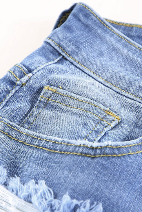 Sky Blue Fringed Bermuda Denim Shorts with Distressed Details