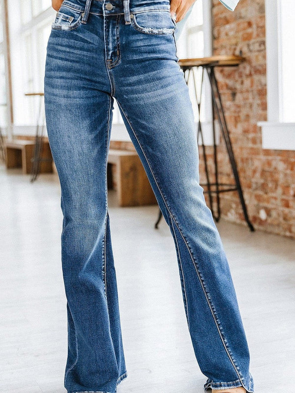 Sky Blue Medium Wash High Rise Flare Jeans