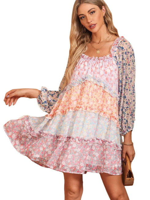 Sky Blue Patchwork Floral Babydoll Mini Dress