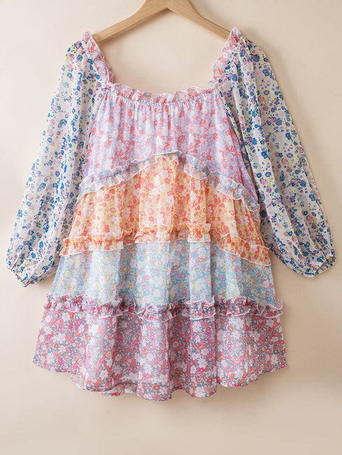 Sky Blue Patchwork Floral Babydoll Mini Dress