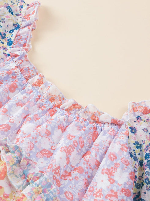 Sky Blue Patchwork Floral Babydoll Mini Dress