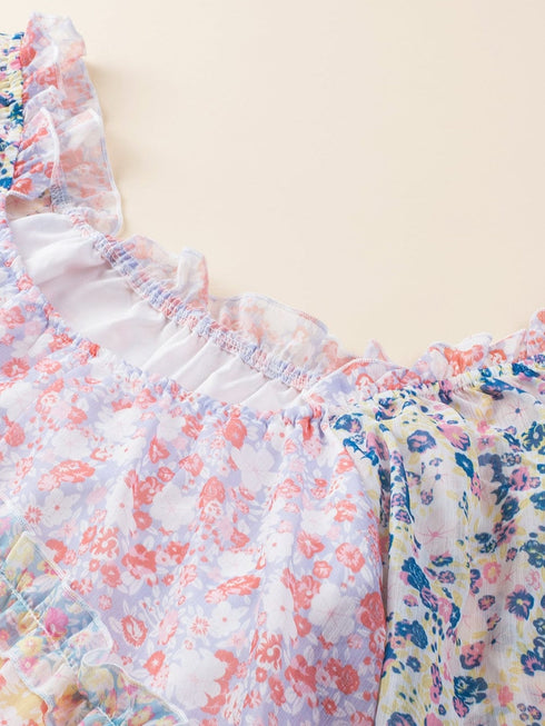 Sky Blue Patchwork Floral Babydoll Mini Dress