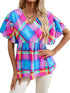 Sky Blue Plaid Print V-Neck Ruffle Sleeve Babydoll Blouse