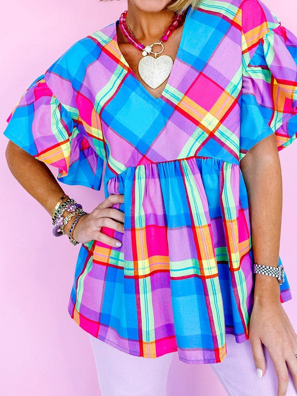 Sky Blue Plaid Print V-Neck Ruffle Sleeve Babydoll Blouse
