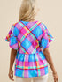 Sky Blue Plaid Print V-Neck Ruffle Sleeve Babydoll Blouse