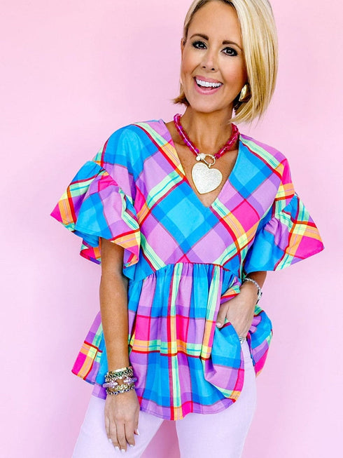 Sky Blue Plaid Print V-Neck Ruffle Sleeve Babydoll Blouse