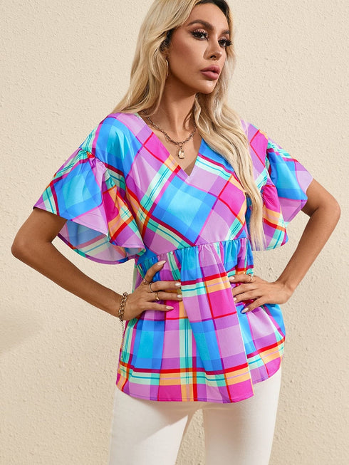 Sky Blue Plaid Print V-Neck Ruffle Sleeve Babydoll Blouse