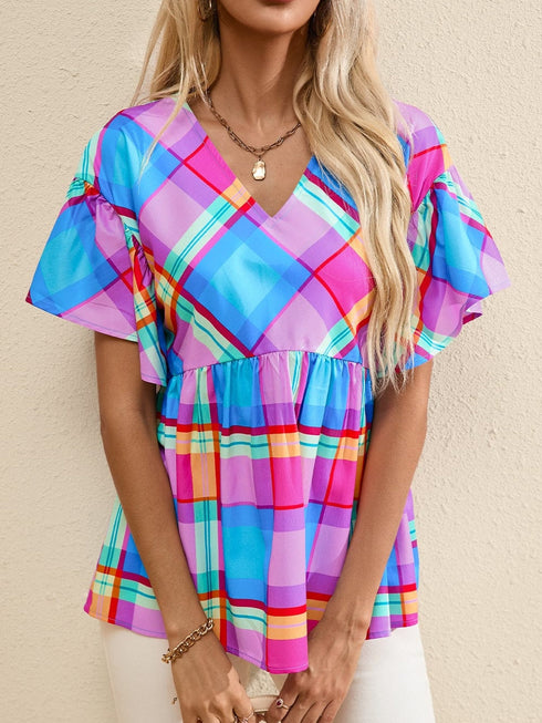 Sky Blue Plaid Print V-Neck Ruffle Sleeve Babydoll Blouse