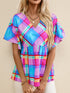 Sky Blue Plaid Print V-Neck Ruffle Sleeve Babydoll Blouse