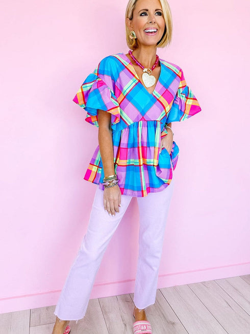 Sky Blue Plaid Print V-Neck Ruffle Sleeve Babydoll Blouse