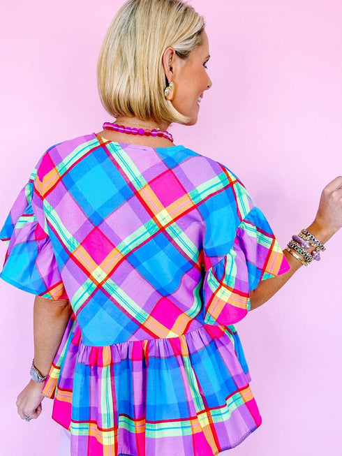 Sky Blue Plaid Print V-Neck Ruffle Sleeve Babydoll Blouse