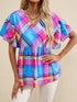 Sky Blue Plaid Print V-Neck Ruffle Sleeve Babydoll Blouse
